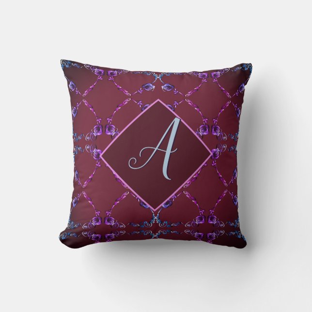 Monogram Garnet Blush Purple Rose Hearts Cushion (Front)