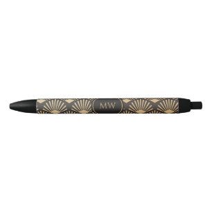 Monogram Gatsby Art Deco Geometric Fan Pattern Black Ink Pen