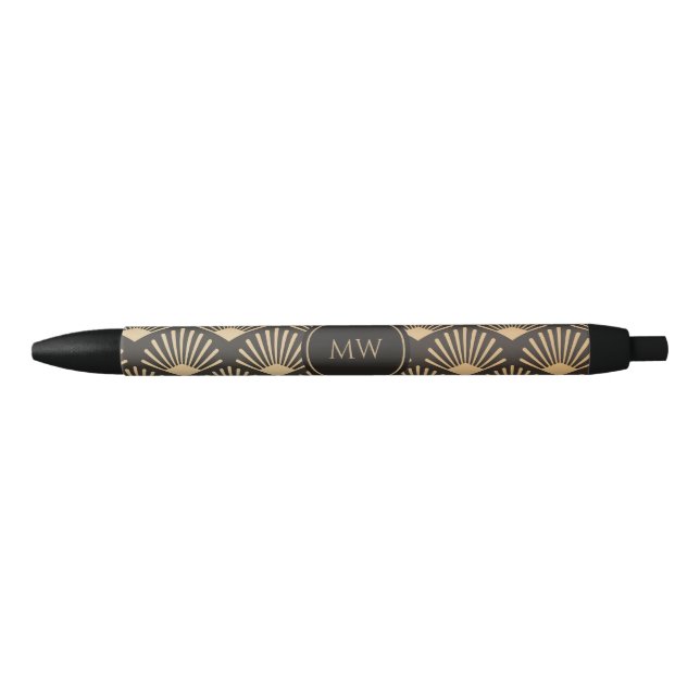Monogram Gatsby Art Deco Geometric Fan Pattern Black Ink Pen (Front)