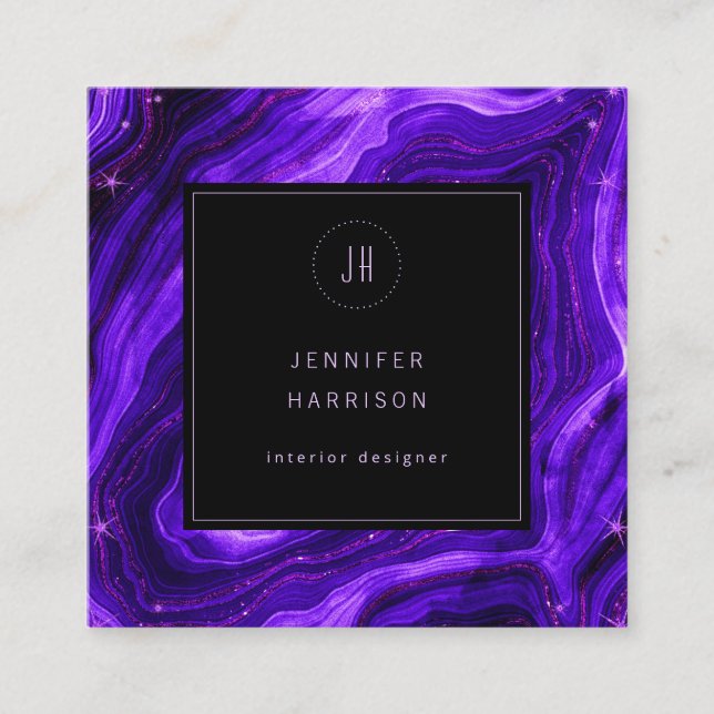 Monogram Geode Black Purple Agate Professional Square Business Card (Front)
