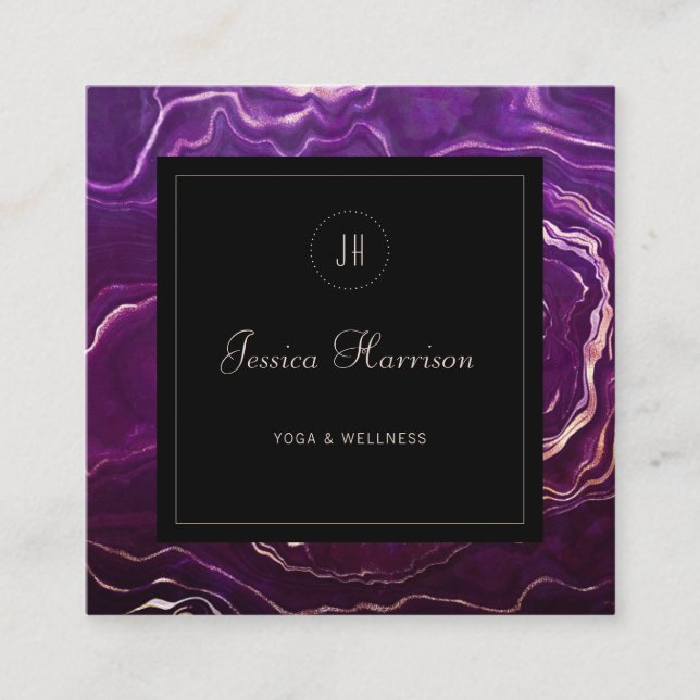 Monogram Geode Dark Purple Black Abstract Agate Square Business Card (Front)