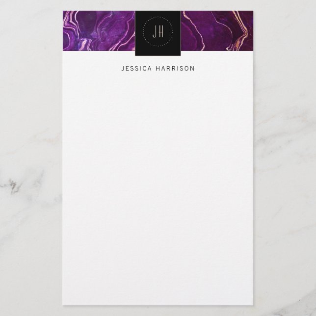Monogram Geode Dark Purple Black Abstract Agate Stationery (Front)