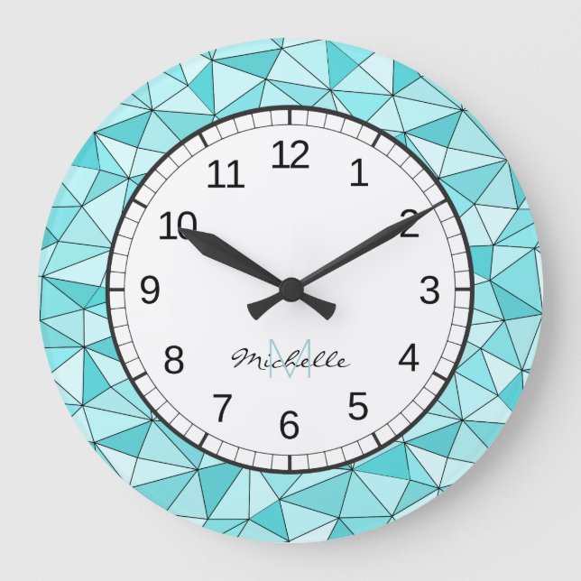 Monogram Geometric Cyan Modern Wall Clock (Front)