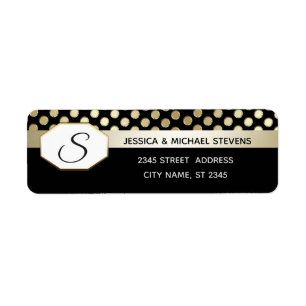 Monogram Geometric dots modern gold/black wedding Return Address Label