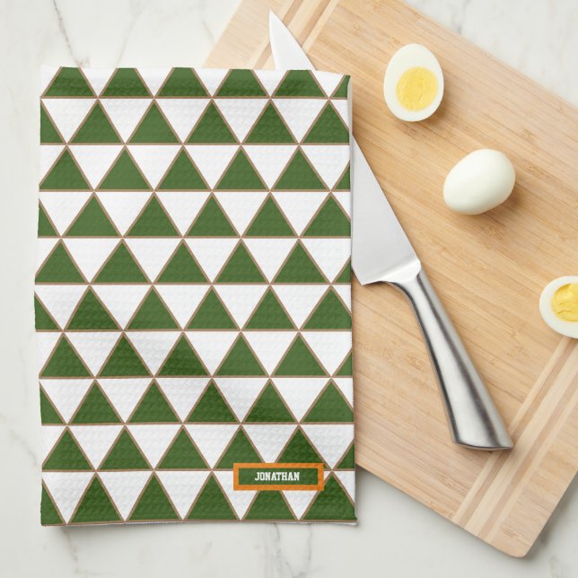 Monogram geometric pattern green and white modern tea towel (Quarter Fold)