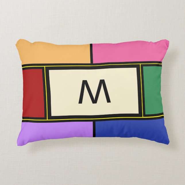 Monogram Geometric Red Pink Blue Green Decorative Cushion (Front)