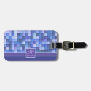 Monogram Geometric Square Tiles Blue Violet Teal Luggage Tag