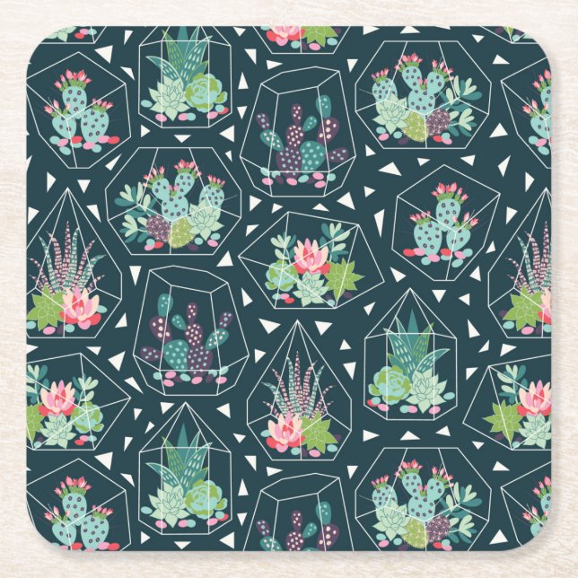 Monogram | Geometric Succulents Pattern Square Paper Coaster (Front)