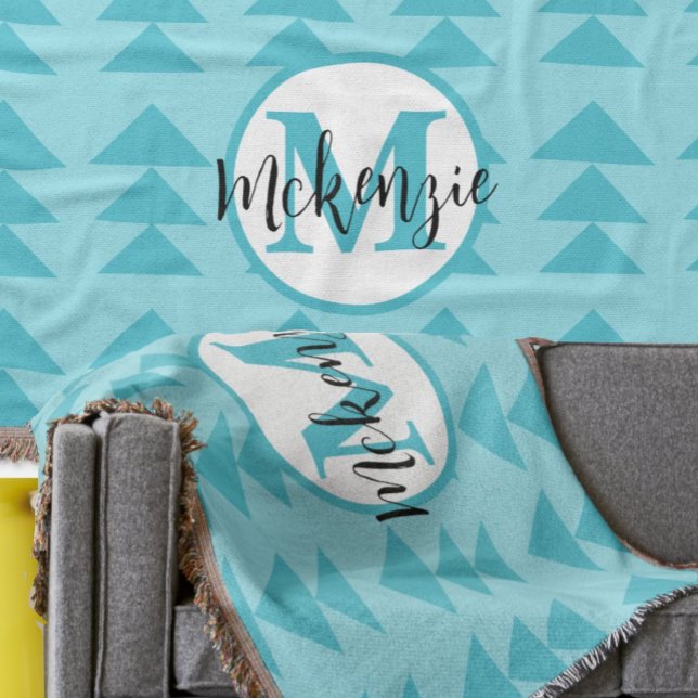 Monogram Geometric Triangle Aqua Pattern Throw Blanket (Creator Uploaded)