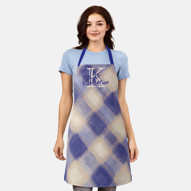 Monogram gingham plaid blue cream calligraphy navy apron (Worn)