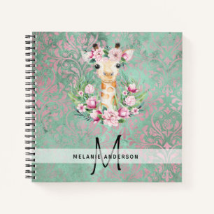 Monogram GIRAFFE Boho Flowers Pretty Girly Modern Notebook