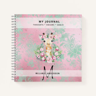 Monogram GIRAFFE Boho Flowers Pretty Girly Modern Notebook