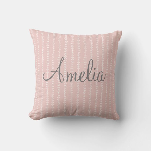 Monogram Girls Pastel Pink Stripe Vines Cushion (Front)