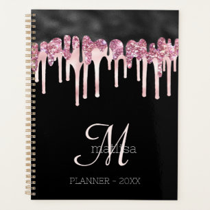 Monogram Girly Black & Pink Dripping Glitter Glam  Planner