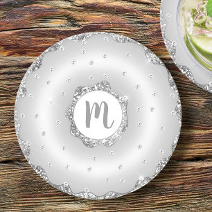 Monogram girly chic silver glitter doughnut script round paper coaster