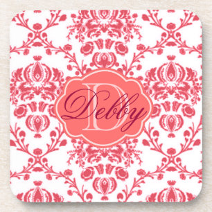 Monogram Girly Pink and White Damask Coaster