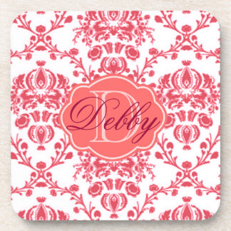 Monogram Girly Pink and White Damask Coaster