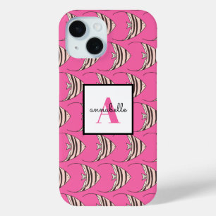 Monogram Girly Pink Fish Pattern Personalised iPhone 15 Case