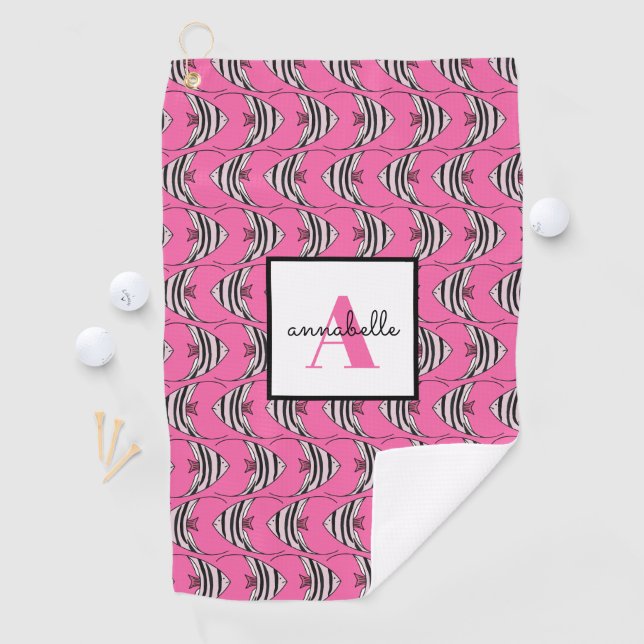 Monogram Girly Pink Fish Pattern Personalised Golf Towel (InSitu)