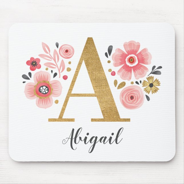 Monogram Girly Pink Floral Mouse Pad (Front)
