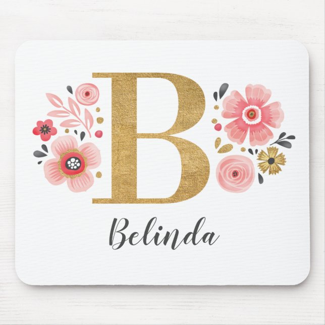 Monogram Girly Pink Floral Mouse Pad (Front)