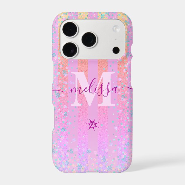 Monogram Girly Pink Glitter Rainbow Ombre Script (Back)