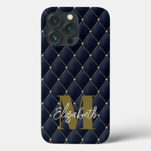 Monogram Glamourous Gold Navy Quilted Pattern iPhone 13 Pro Case