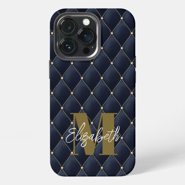 Monogram Glamourous Gold Navy Quilted Pattern iPhone Case (Back)