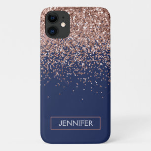 Monogram Glitter Blush Pink Rose Gold Navy Blue iPhone 11 Case