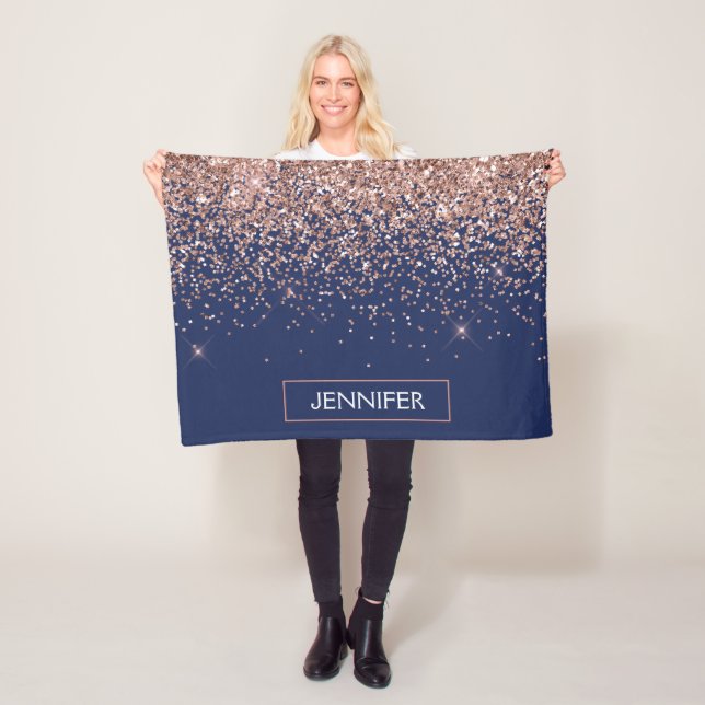 Monogram Glitter Blush Pink Rose Gold Navy Blue Fleece Blanket (In Situ)