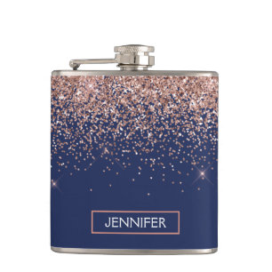 Monogram Glitter Blush Pink Rose Gold Navy Blue Hip Flask