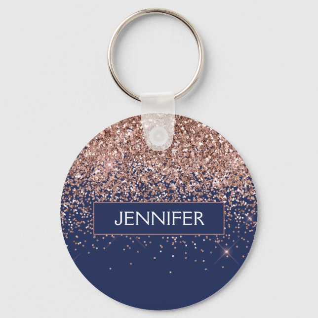 Monogram Glitter Blush Pink Rose Gold Navy Blue Key Ring (Front)
