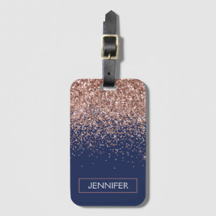 Monogram Glitter Blush Pink Rose Gold Navy Blue Luggage Tag