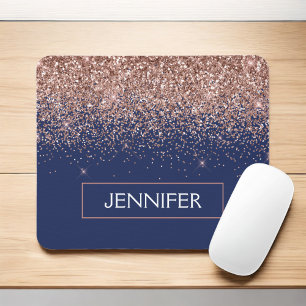 Monogram Glitter Blush Pink Rose Gold Navy Blue Mouse Pad