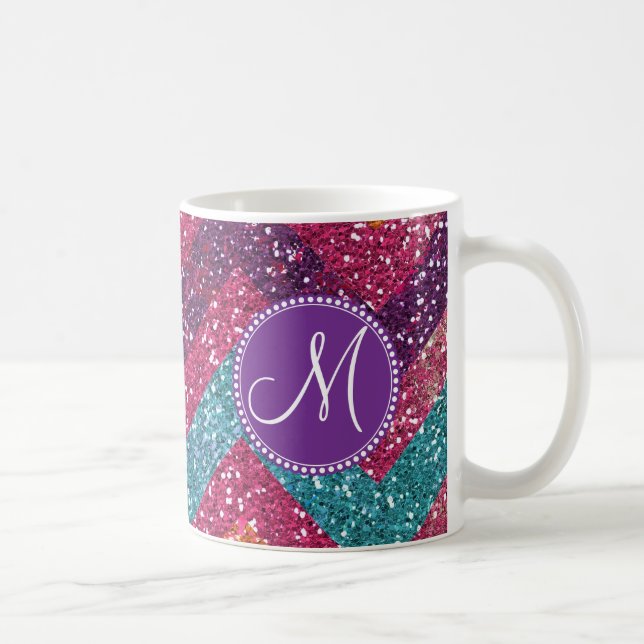 Monogram Glitter Chevron Pink Purple Orange Teal Coffee Mug (Right)
