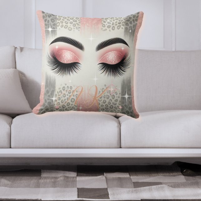 Monogram Glitter Eyelashes  Cushion (Glam pink glitter lashes monogram pillow — luxe gift for bride, bridesmaids, or beauty lover)
