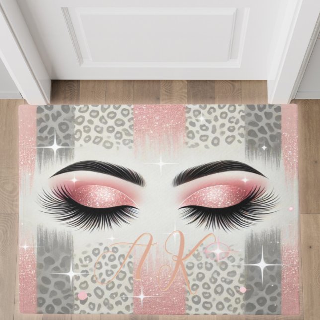 Monogram Glitter Eyelashes  Doormat (Glam pink glitter lashes doormat — personalized bachelorette gift for bride or beauty lover)