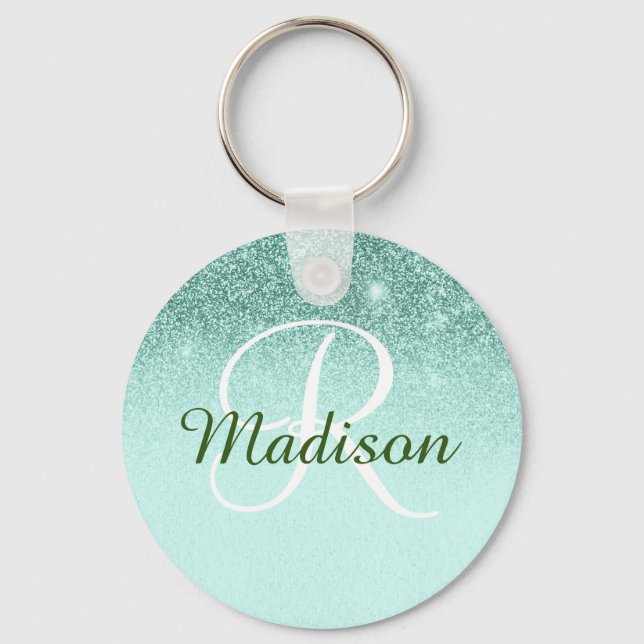 Monogram Glitter Gift Ombre Green Mint Key Ring (Front)