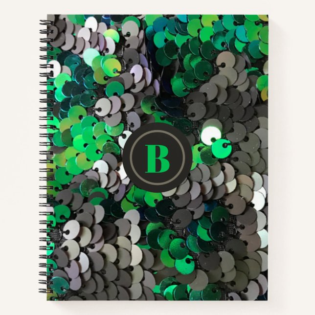 Monogram glitter grey green sequins girly sparkle  notebook (Front)