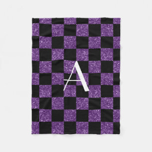 Monogram glitter purple and black chequered fleece blanket