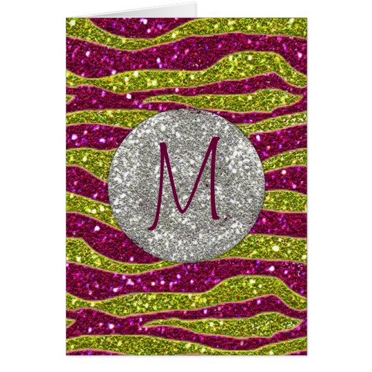 Monogram Glitters Yellow Pink Zebra Stripes Card
