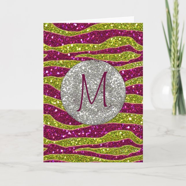 Monogram Glitters Yellow Pink Zebra Stripes Note Card (Front)
