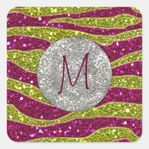 Monogram Glitters Yellow Pink Zebra Stripes Square Sticker