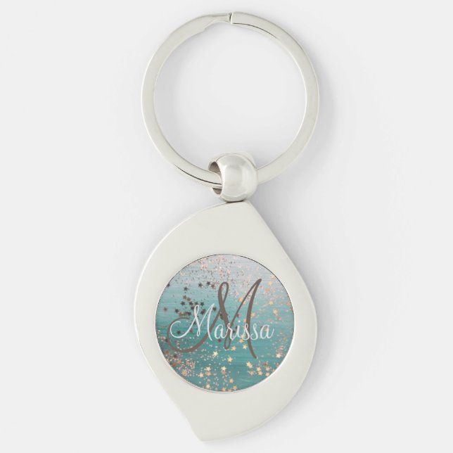 Monogram Glittery Stars on Teal Personalized      Key Ring (Front)