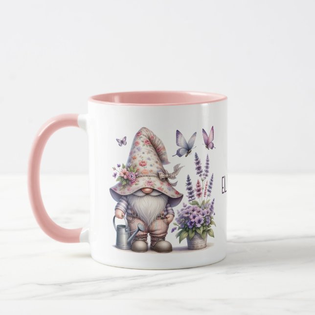 Monogram Gnome Purple Pink Flowers Butterflies Mug (Left)