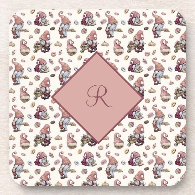 Monogram Gnomes Baking, Cupcakes, Doughnuts, Cute Coaster (Front)