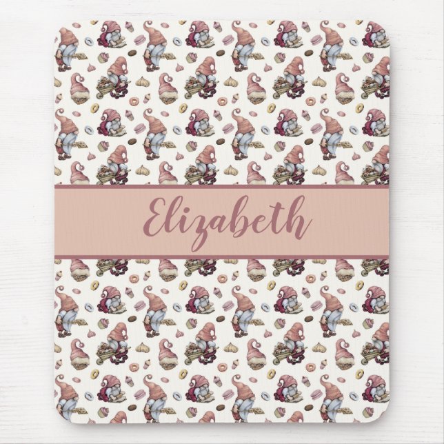 Monogram Gnomes Baking Cupcakes Doughnuts Pink Scr Mouse Pad (Front)