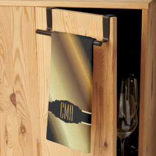 Monogram Gold Abstract Diagonal Stripes Tea Towel