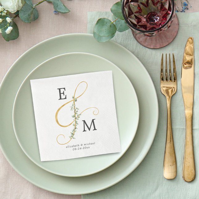 Monogram Gold Ampersand Eucalyptus Wedding Napkin (Creator Uploaded)