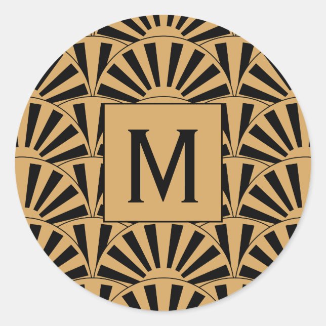 Monogram Gold and Black Art Deco Fan Flowers Motif Classic Round Sticker (Front)